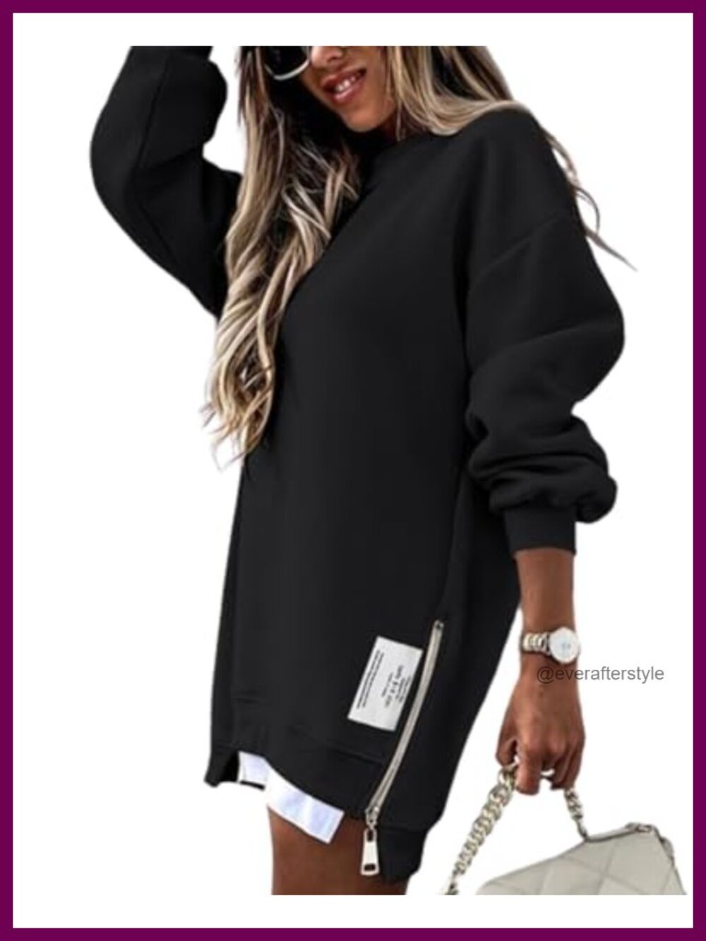 Oversized Crewneck Sweatshirt Side Zipper Slit Pullover Top